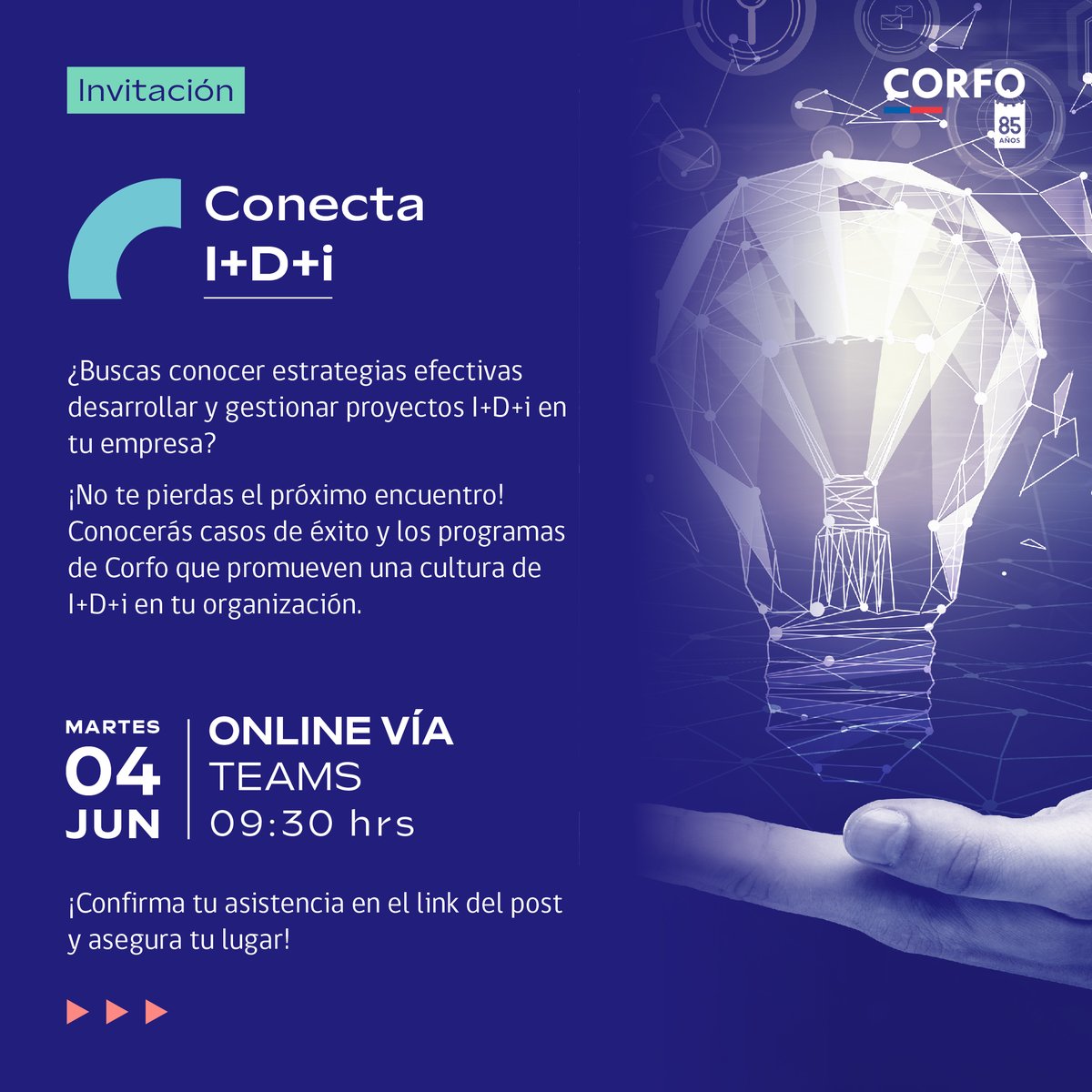 ¡Se viene un nuevo Conecta I+D+i! Este martes 04/06 participa y descubre cómo puedes sistematizar la investigación, desarrollo e innovación en tu empresa. Evento online. Inscripciones en 👉 forms.office.com/Pages/Response…