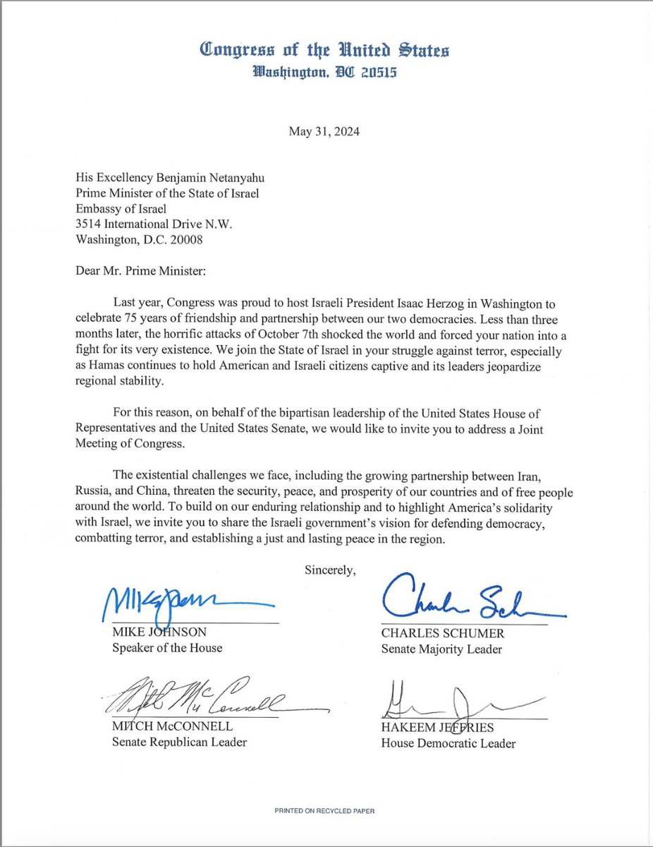 NEWS: Israeli Prime Minister BENJAMIN NETANYAHU has *officially* been invited to deliver an address to Congress, per letter obtained by @thehill.

The top 4 Congressional leaders all signed the invitation after weeks of delay. The letter went out today.
thehill.com/homenews/house…
