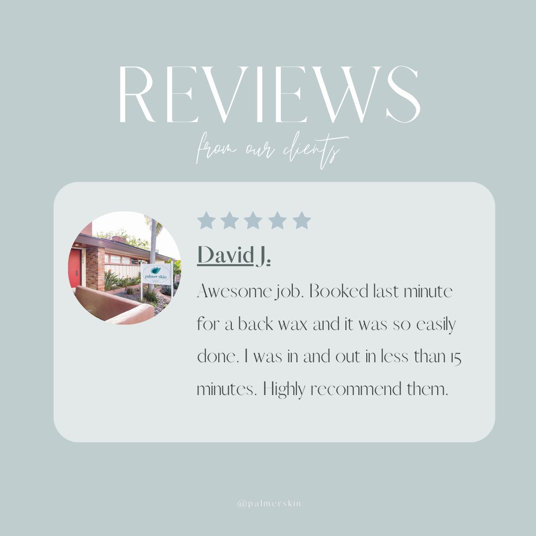 palmerskin's tweet photo. Reviews From Our Clients!⁠
.⁠
.⁠
.⁠
"Awesome job. Booked last minute for a back wax and it was so easily done. I was in and out in less than 15 minutes. Highly recommend them."⁠
⁠
Thank you, David, for your kind words, your reviews mean the world to us!⁠
⁠ https://t.co/xW23Yeh2HC