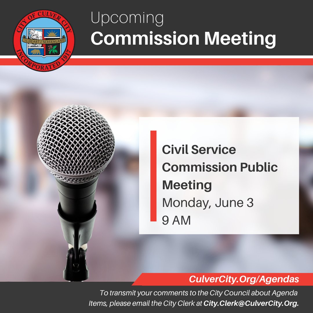 The agenda is now available for the #CulverCity Civil Service Commission Public Meeting on Monday, June 3 at 9 AM in the Dan Patacchia Conference Room.

For more information, visit: content.govdelivery.com/accounts/CACUL…