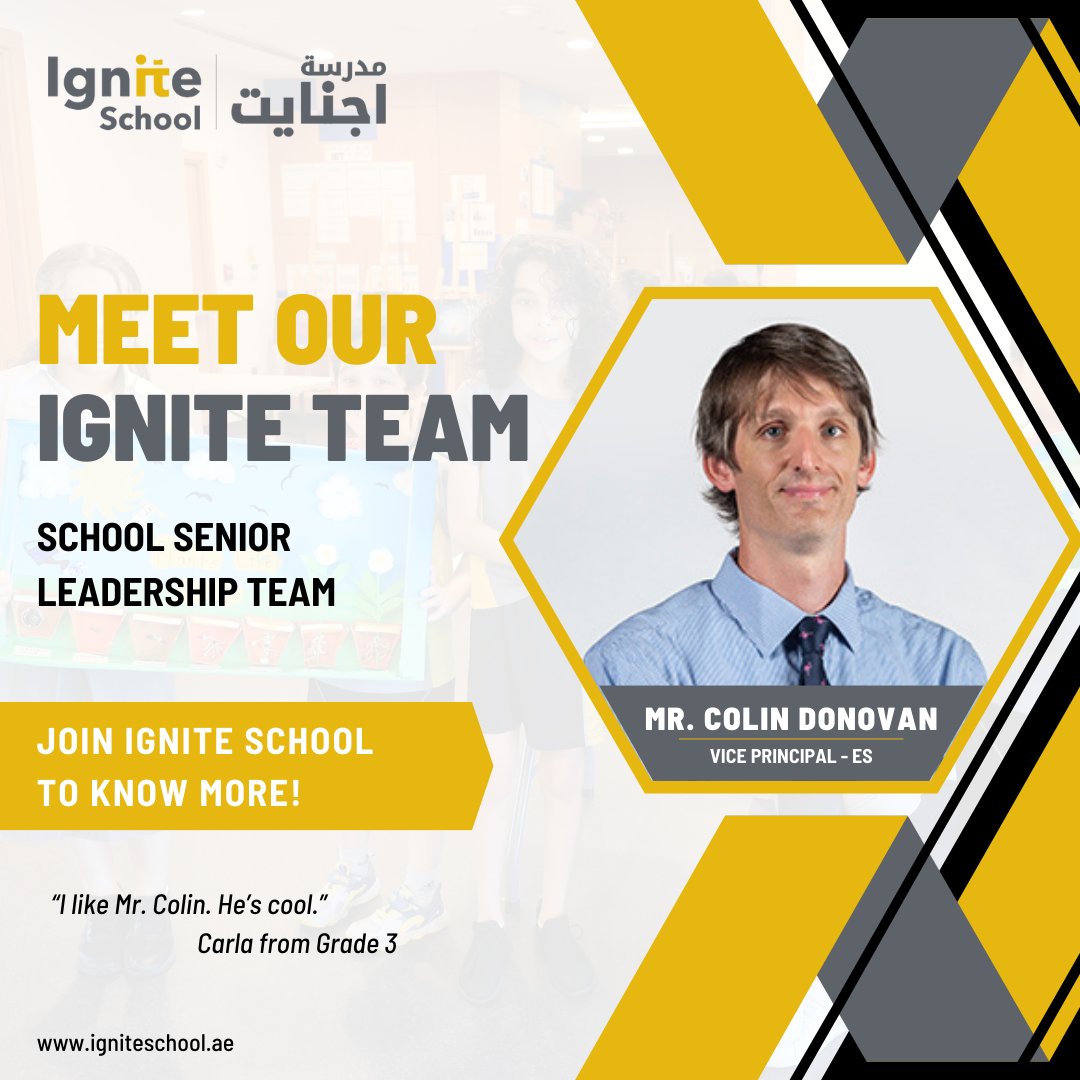 Mr. Colin is the Vice Principal of the Elementary School at Ignite School. 
We are open for admissions from KG1 to High School. 
Reserve your child's seat today by registering now!

WhatsApp: +971 (0) 50 891 5900

#IgniteSchool #JoinIgniteSchool #AmericanCurriculum #SchoolinDubai