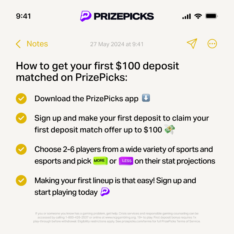 PrizePicks's tweet photo. You can win real money watching sports with PrizePicks 💰

NEW USERS: Claim your $100 deposit match bonus today.