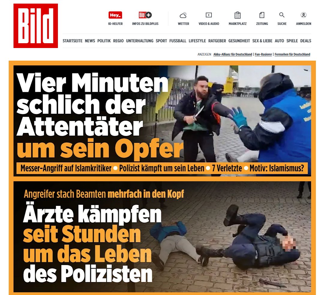Till skillnad från svensk PK-media är knivdådet i Mannheim toppnyhet i tyska Bild.

bild.de/regional/baden…  

'Utredarna tror att ett islamistiskt motiv är troligt'

#islamiseringen #migpol #krimpol #svpol