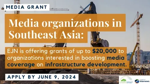 ⌛DEADLINE APPROACHING! EJN's #STRIDES project is offering grants of $20,000 to media organizations in Southeast Asia to strengthen media reporting, transparency and accountability on the impacts of infrastructure projects in the region. Apply by June 9: loom.ly/9oqPijw