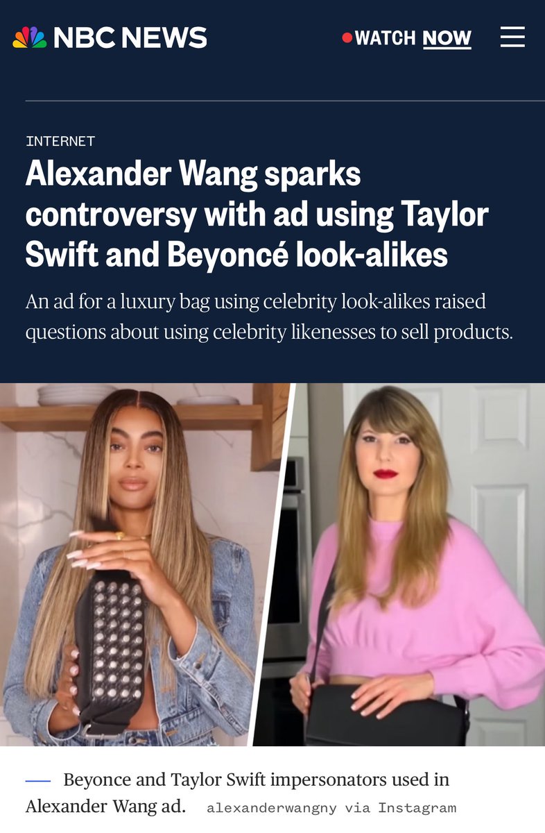 CreatorsAttny's tweet photo. @AlexanderWangNY very cheeky. As an attorney for big creators (and Hollywood actors in the past): this is skirting dangerously on the CA right of publicity for Beyonce and Taylor Swift as this is for commercial gain. Courts hate this. FYI: ScarJo won vs OpenAI this week. https://t.co/rZl4ZncOMz