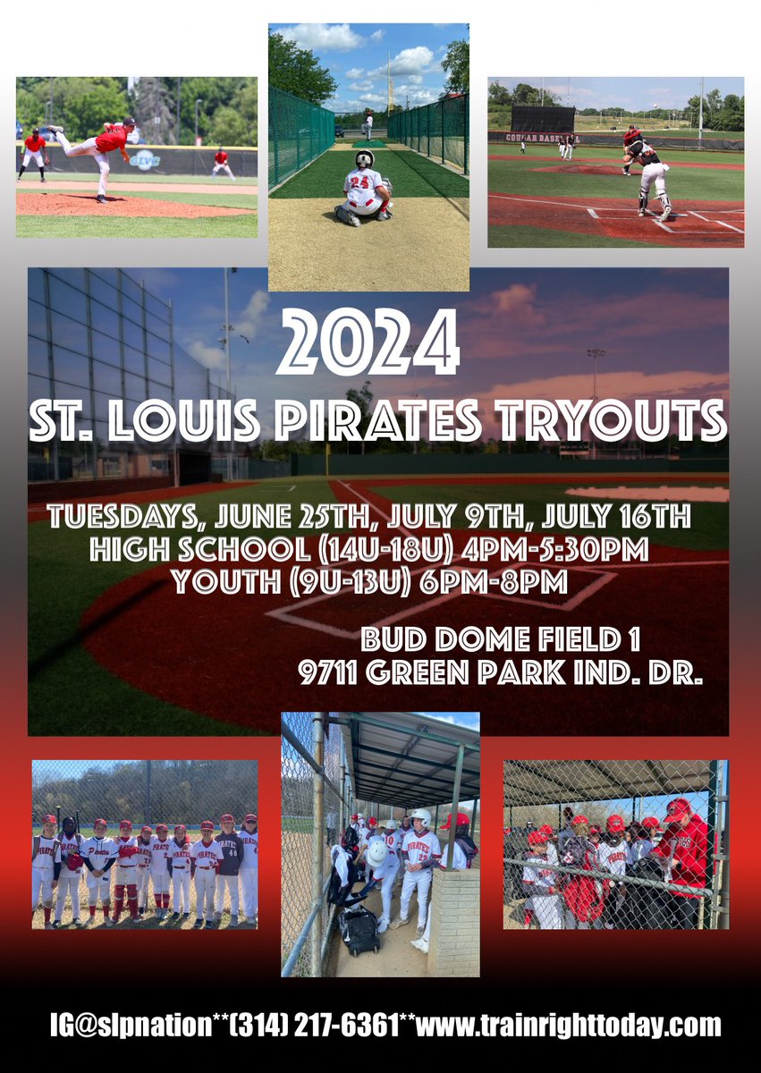 Announcing 2024/2025 Tryouts for St. Louis Pirates Baseball. Come join an organization with years of coaching, training, and playing experience!!! Please follow the link below to register. See you there!!!

trainrighttoday.com/st-louis-pirat…
