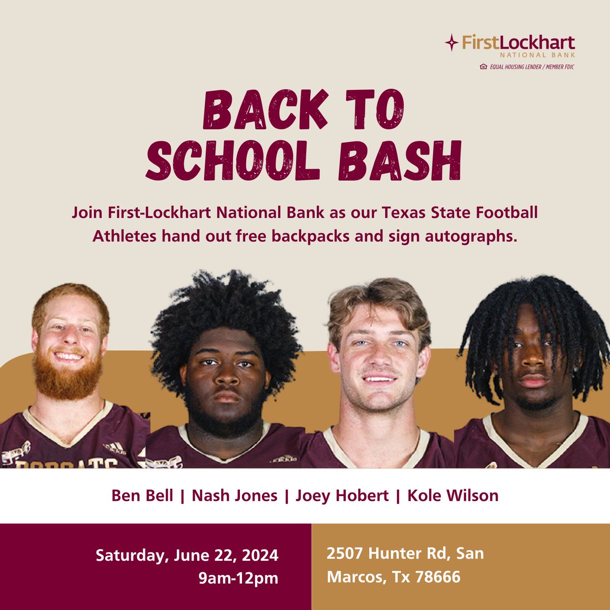 First-Lockhart National Bank (@firstlockhart) on Twitter photo Hey, #SMTX friends! ๐ You're invited to our #BacktoSchoolBash! Join us on 6/22, for a fun-filled, FREE event featuring a few <a href="/TXSTATEFOOTBALL/">Texas State Football</a> stars! ๐คฉ More info here: bit.ly/3wXs3JX
Save the date, REPOST, and letโs make this a bash to remember. See you there! Hey, #SMTX friends! ๐ You're invited to our #BacktoSchoolBash! Join us on 6/22, for a fun-filled, FREE event featuring a few <a href="/TXSTATEFOOTBALL/">Texas State Football</a> stars! ๐คฉ More info here: bit.ly/3wXs3JX
Save the date, REPOST, and letโs make this a bash to remember. See you there!