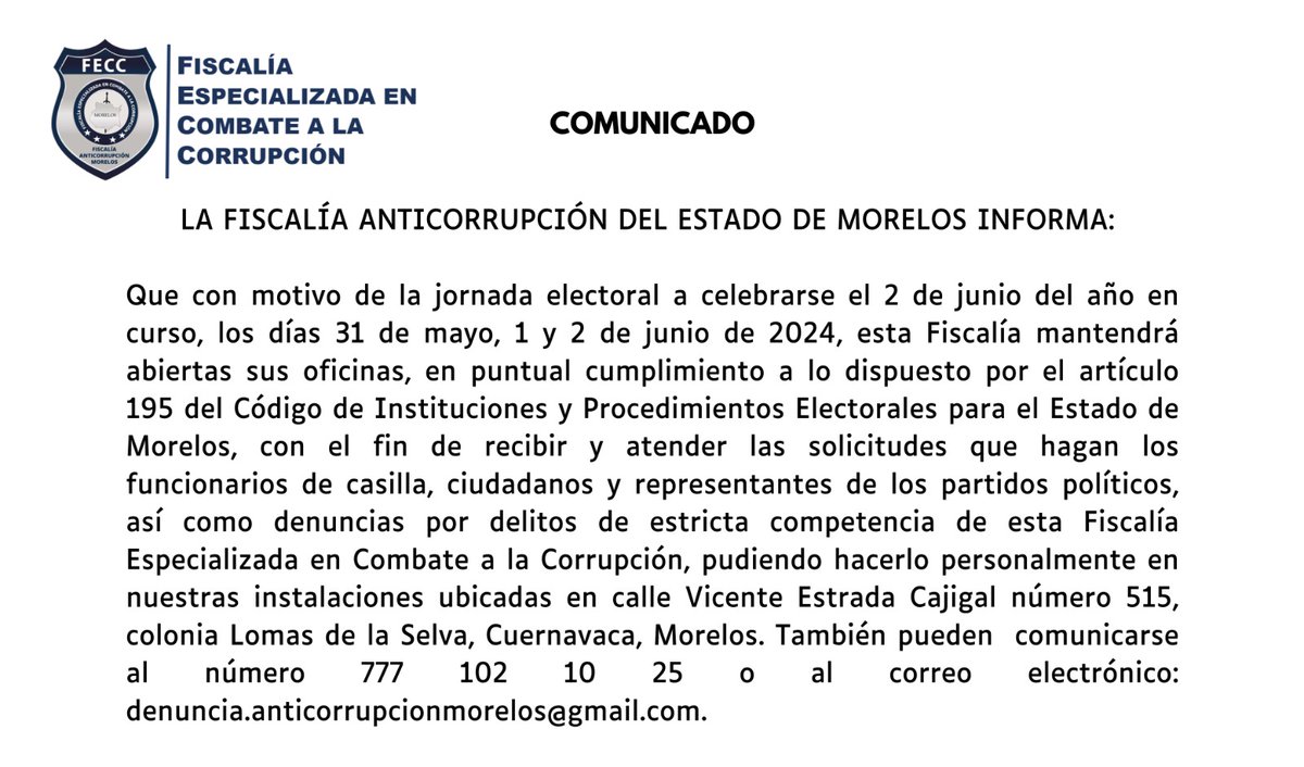 La Fiscalía Especializada en el Combate a la Corrupción de Morelos @FECC_MORELOS informa que mantendrá sus oficinas abiertas los días 31 de mayo, 1 y 2 de junio para recibir y atender denuncias de su competencia.

@perezhabib
#AbriendoLaConversación