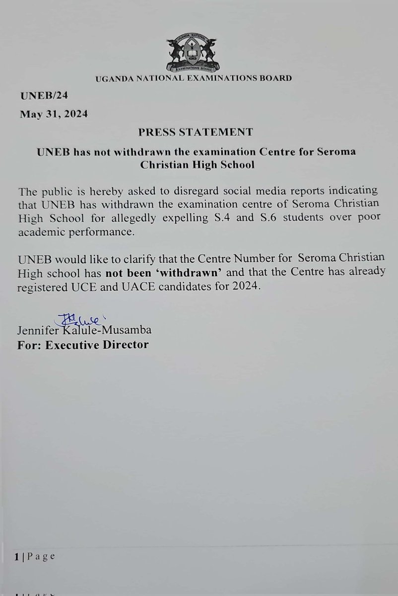 𝐏𝐔𝐁𝐋𝐈𝐂 𝐍𝐎𝐓𝐈𝐂𝐄 📌 The public is hereby asked to disregard social media reports indicating that @UNEB_UG has withdrawn the examination centre of Seroma Christian High School for allegedly expelling S.4 and S.6 students over poor academic performance.