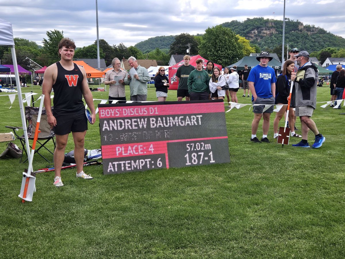 tracy_baumgart's tweet photo. Congratulations @BaumgartAndrew for place 4th at State and breaking your WDP High School record 🖤🧡 187’1” https://t.co/pOzmkV4PZV