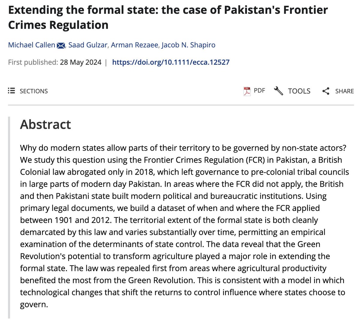 Saad Gulzar سعد گلزار (@saadgulzar) on Twitter photo 🚨 Just published in <a href="/EconomicaLSE/">Economica Journal</a> 🚨 with Mike Callen, <a href="/arezaee/">Arman Rezaee</a> & Jake Shapiro
Free pdf doi.org/10.1111/ecca.1…
We started this project back in 2012 because we were puzzled by why so many strong states seemed to leave large regions to non-state actors. Mini thread below... 🚨 Just published in <a href="/EconomicaLSE/">Economica Journal</a> 🚨 with Mike Callen, <a href="/arezaee/">Arman Rezaee</a> & Jake Shapiro
Free pdf doi.org/10.1111/ecca.1…
We started this project back in 2012 because we were puzzled by why so many strong states seemed to leave large regions to non-state actors. Mini thread below...