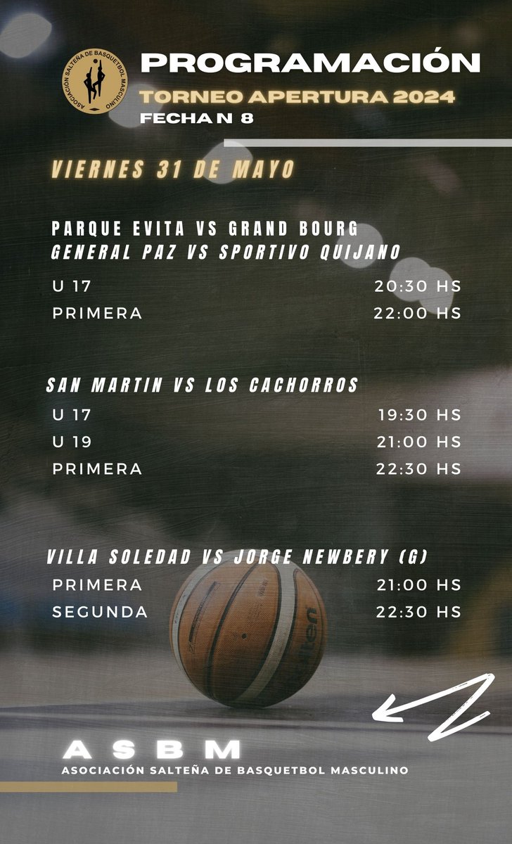 asbmoficial's tweet photo. 🏆CAMPEONATO ANUAL 2024 ASBM🏆

🏀Esta es la programación de partidos para hoy, viernes 31 de mayo, correspondientes a la Fecha N° 8. 

#somosbasquetbol https://t.co/ZuewpwQ0e1