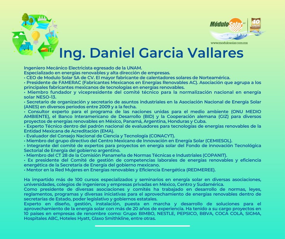 Factor Energético (@f_energetico) on Twitter photo #Evento Expertos y especialistas en el Congreso de Eficiencia Energética y Energías Limpias 2024 #CEEEL2024
Mesa de DESCARBONIZACIÒN: Te presentamos a Daniel García Presidente de #FAMERAC y CEO de <a href="/Modulo_Solar/">Modulo Solar</a>
!Suscríbete!
factorenergetico.mx/congreso-2024/ #Evento Expertos y especialistas en el Congreso de Eficiencia Energética y Energías Limpias 2024 #CEEEL2024
Mesa de DESCARBONIZACIÒN: Te presentamos a Daniel García Presidente de #FAMERAC y CEO de <a href="/Modulo_Solar/">Modulo Solar</a>
!Suscríbete!
factorenergetico.mx/congreso-2024/