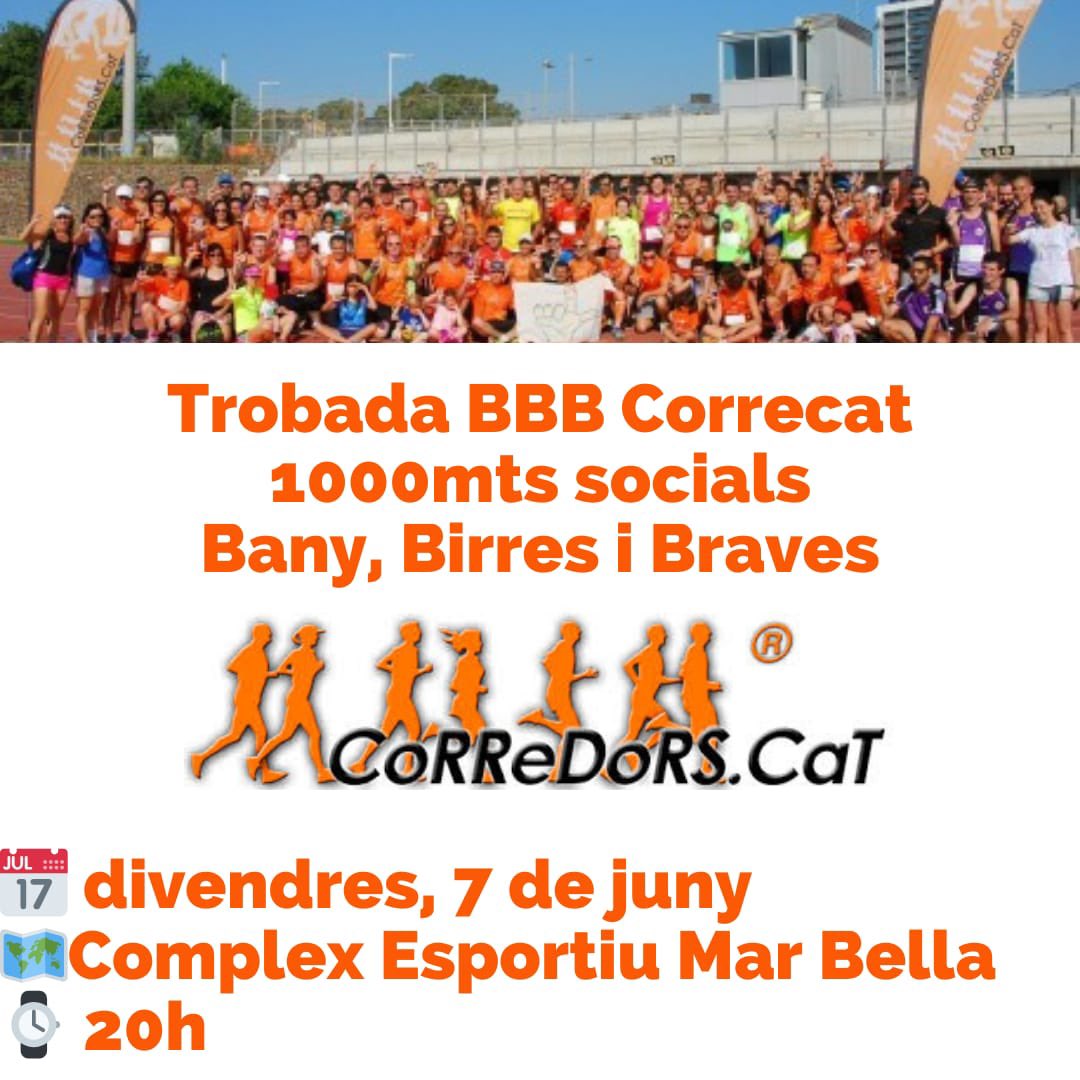 🟠 CoRReCaTS i amics: Arriben els 1000 socials i la BBB!

📍 Pistes Atletisme Mar Bella
📆 Divendres 7 de juny
⏰ 20h
🔗 Inscripcions: botiga.corredors.cat/index.php?id_p…

Activitat solidària amb la <a href="/fmiquelvalls/">Fundació Catalana d'ELA Miquel Valls</a> i oberta a tothom qui vulgui participar. Us hi esperem! 🥳🥳 <a href="/KMSxELA/">KMSxELA</a>
