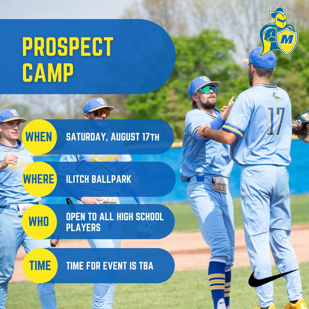 MUCrusadersBSB's tweet photo. 🚨 PROSPECT CAMP 🚨

Looking to showcase your talent to the Madonna Baseball coaching staff? Look no further than our summer prospect camp! 

🗓️Sat, August 17th
💰$60 per camper
⏱️ TBA

Spots will fill fast. Click the link below to register! 

https://t.co/tLUp30N4qn https://t.co/mon03RocBW