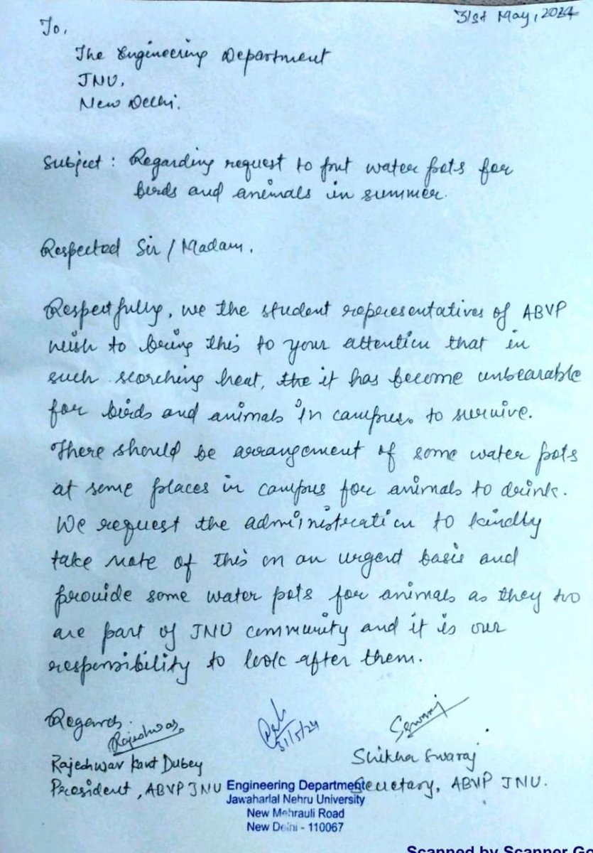 ABVP-JNU submitted a memorandum to the Engineering department to install water pots for Birds and Animals in the JNU Campus. Delhi is currently suffering with enormous heat waves and it has become difficult for the Birds and Animals to survive the summers in the absence of water.