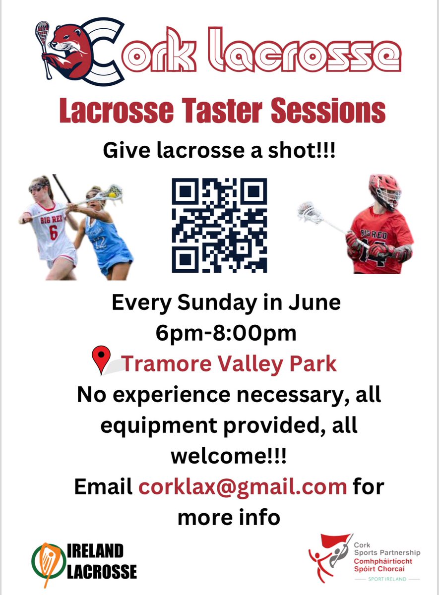 🤩🎉 Great news! Open Lacrosse sessions are confirmed for every Sunday in June 🥍

Come along, meet new people &amp; have fun trying out a new sport!!

📆 Sundays in June
📍 Tramore Valley Park
⏰ 6-8pm

🙋🏼‍♀️ Adults &amp; Children 10-17yo with parent 6-7pm 🥍 Open matches 7-8pm

<a href="/corklax/">Cork Lacrosse</a>