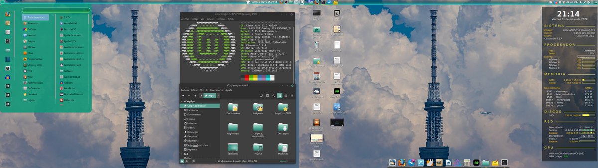 #ViernesdeEscritorio #EscritorioLinux #LinuxMint Llevo toda la tarde dandole vueltas a mi escritorio: Tema Waterbody con iconos Mint-x. El fondo de escritorio es de @Sakashitagram_T y estoy pensando que debería adaptar los colores de mi Conky ¿Que opinan?