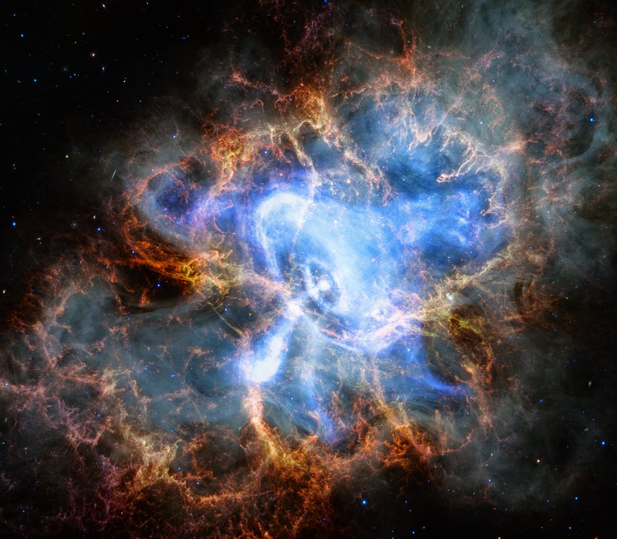 La nébuleuse du crabe par le JWST et Chandra!! En 1054, une nouvelle étoile est apparue dans le ciel. C'était l'explosion d'une supernova. L'étoile morte tourne aujourd'hui sur elle-même 30 fois par seconde et du gaz et de la poussière se répandent dans la galaxie.