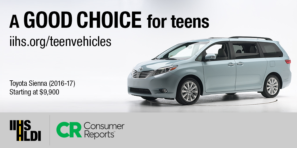 The Toyota Sienna is one of 58 recommended used models for teen drivers based on criteria from IIHS and Consumer Reports. Check the full list: iihs.org/ratings/safe-v…