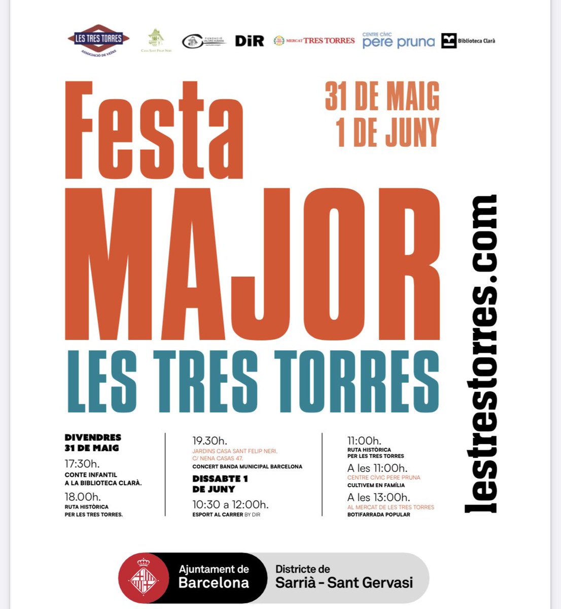 Cap de setmana de Festa Major a Les Tres Torres! Us esperem a totes les activitats! <a href="/Bcn_SSTG/">Sarrià - Sant Gervasi</a> <a href="/ClubsDiR/">Clubs DiR</a> <a href="/cc_PerePruna/">Centre Cívic Pere Pruna</a> <a href="/BibliotequesBCN/">BibliotequesBCN</a> <a href="/MercatsBCN/">Mercats de Barcelona</a>