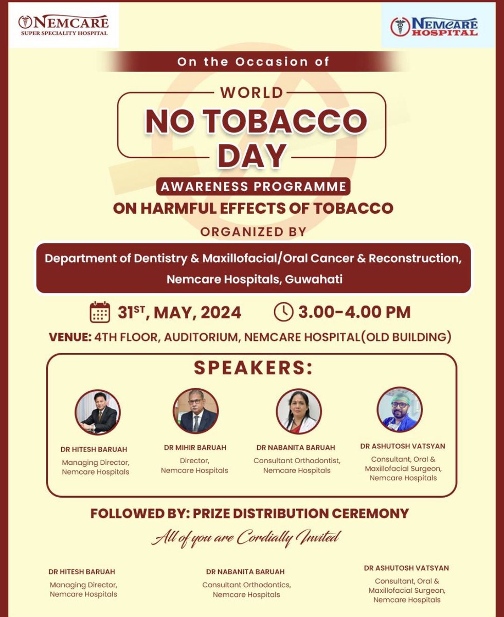 themaxfacguy's tweet image. On d occasion of “World No Tobacco Day” 31st March ,2024- Dept of Maxillofacial/Oral Cancer &amp;amp; Reconstruction,  Nemcare Hospitals ,Guwahati organised
1. Free Oral Cancer Screening 
2. Cancer awareness programme 
3. Reel competition

#oralcancer #guwahati #assam #worldnotobaccoday