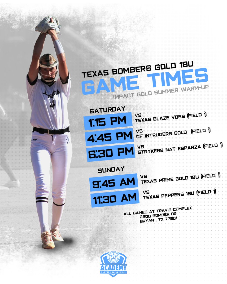 Check out Texas Bombers Gold 18u game times for this weekends competition at the Impact Gold Summer Warm-Up! #bombernation @bombers_academy