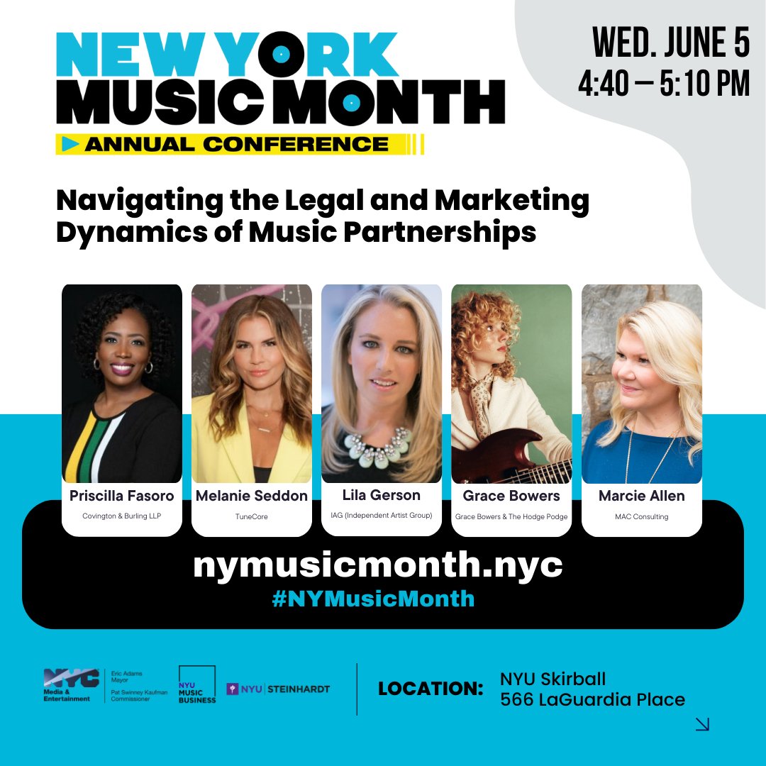 @MariaGironas @KeychangeEU @JoesPub #NYMusicMonth conference talks: 4:40 – 5:10 PM: Navigating the Legal and Marketing Dynamics of Music Partnerships ✅ Priscilla Fasoro, @CovingtonLLP ✅ Melanie Seddon, @TuneCore ✅ Lila Gerson ✅ Grace Bowers, Artist, Grace Bowers & The Hodge Podge ✅ Moderator: @MarcieAllen