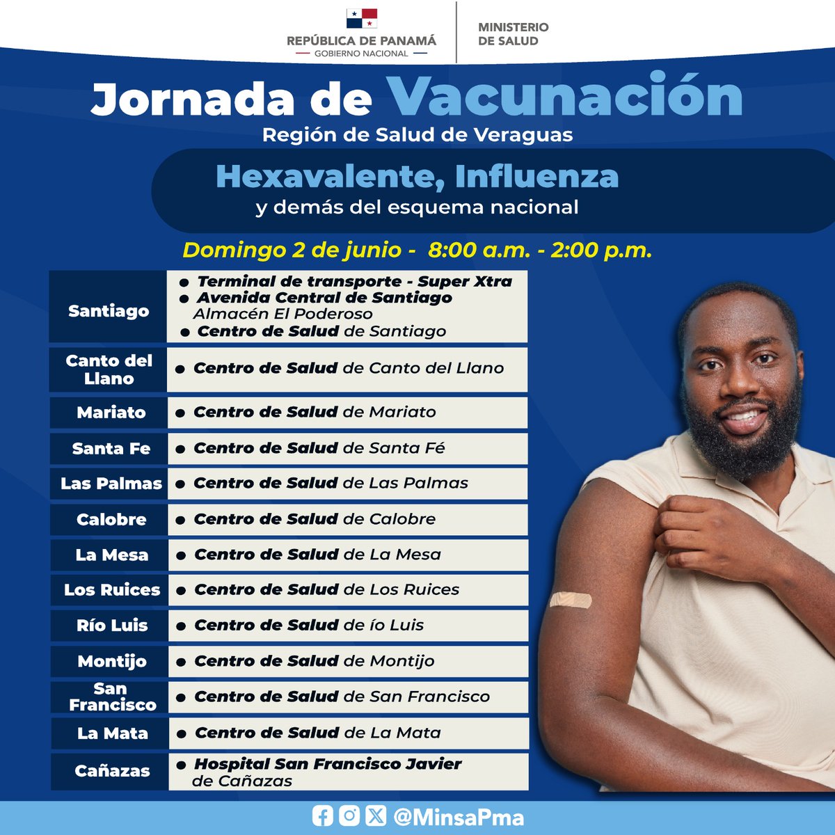Te invitamos a participar de la Jornada de Vacunación en la Región de Salud de Veraguas, este 2 de junio, de las 8:00 a.m. a 2:00 p.m., en donde ofreceremos la vacunas Hexevalente, Influenza y demás dosis del esquema nacional, totalmente gratis.