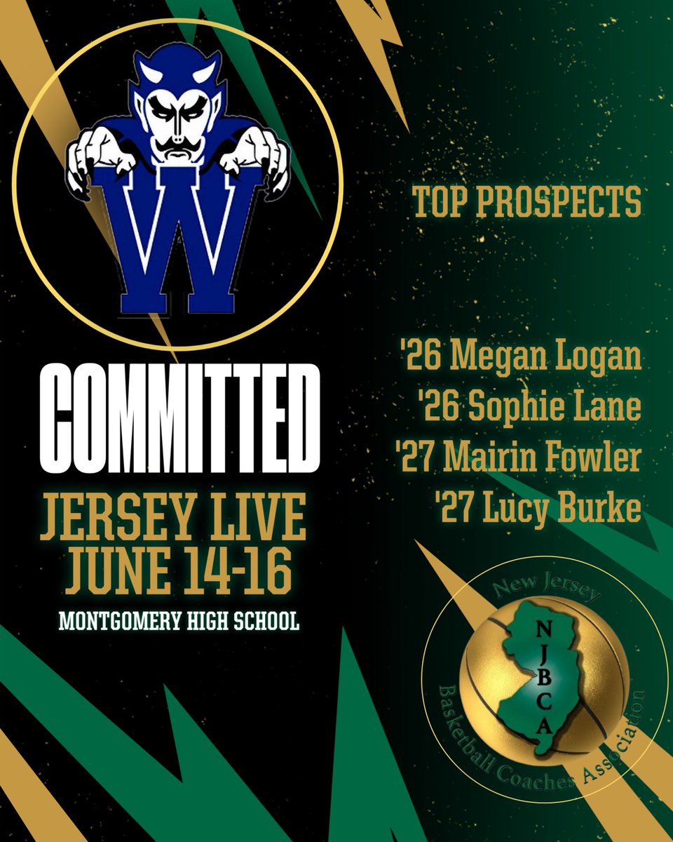 Committed Team for Jersey Live 2024:
Westfield High School! Be sure to check them out on June 14th and 15th at Montgomery High School! #NJBCA #JerseyLiveGirls #GirlsBasketball #scholasticliveperiod #highschoolbasketball @CoachMcKeonWHS @LucyBurke2027 @sophielane23