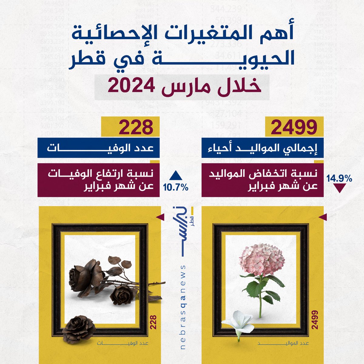 🟡🔵 أهم المتغيرات الإحصائية الحيوية في قطر  خلال شهر مارس

#نبراس_قطر