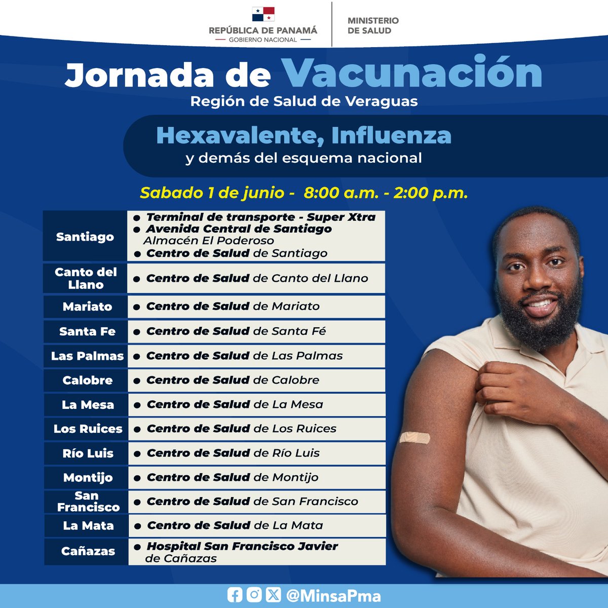 Te invitamos a participar de la Jornada de Vacunación en la Región de Salud de Veraguas, este 1 de junio, de las 8:00 a.m. a 2:00 p.m., en donde ofreceremos la vacunas Hexevalente, Influenza y demás dosis del esquema nacional, totalmente gratis.