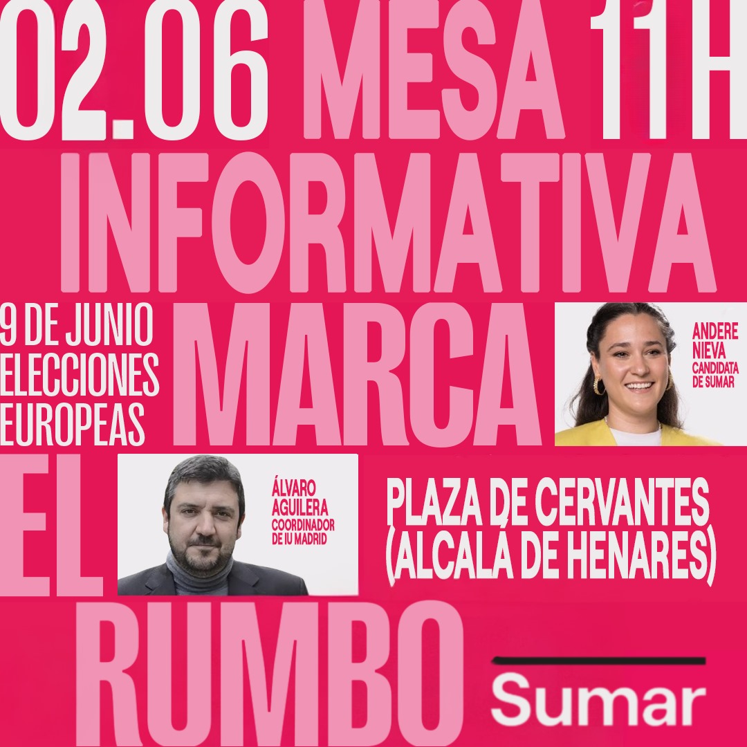 Nos vemos el domingo en la Plaza de Cervantes, donde te explicaremos las propuestas de <a href="/sumar/">Sumar</a> para las elecciones europeas del 9 de junio. Nos acompañarán la candidata de Sumar @AndereNieva y el coordinador de <a href="/IU_Madrid/">IU Madrid🔻</a> @AlvaroAgFa
#Marcaelrumbo