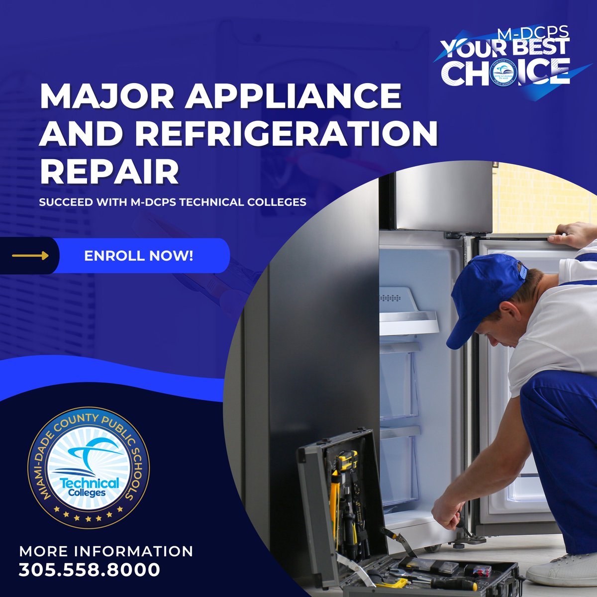 Exciting Opportunity Alert! Are you passionate about fixing things? Our Major Appliance Repair Program is here to turn your passion into a rewarding career! 🌟 Enroll now at @MlecTech or @RMECTC and graduate debt free! 🎓 #YourBestChoiceMDCPS