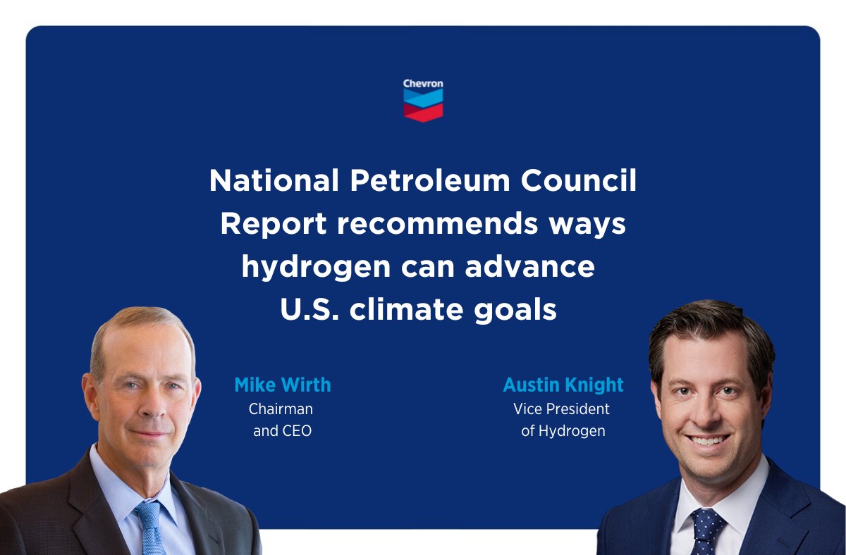 A new report, guided by two of our executives, recommends ways to grow lower carbon intensity hydrogen in the U.S. Learn more: chevron.co/npc-study-tw