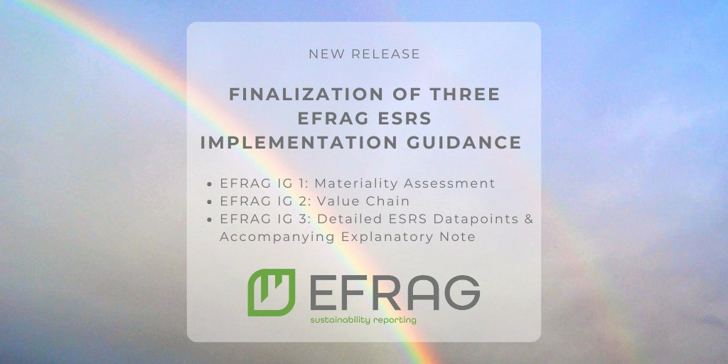 EFRAG is pleased to announce the finalization of its first three ESRS Implementation Guidance documents issued today reflecting the outcome of the public feedback: EFRAG IG Materiality Assessment, EFRAG IG 2 Value Chain and EFRAG IG 3 ESRS Datapoints ▶️ lnkd.in/eKfQfwGK