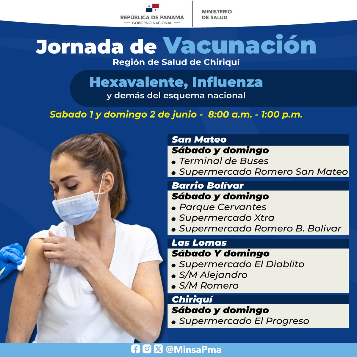 Te invitamos a participar de la Jornada de Vacunación en la Región de Salud de Chiriquí, este 1 y 2 de junio, de las 8:00 a.m. a 1:00 p.m., en donde ofreceremos la vacunas Hexevalente, Influenza y demás dosis del esquema nacional, totalmente gratis. Parte 1