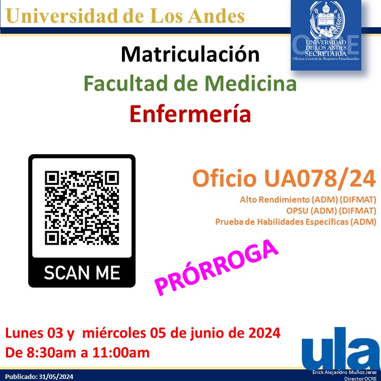 Se informa sobre la Prórroga de la Matriculación de la lista de admitidos del Oficio UA078/24 la misma se realizará: Lunes 03 y miércoles 05 de junio de 2024, de 8:30am a 11:00am. 
Debe ir a la página de OCRE y leer cuidadosamente la Guía para el Procedimiento de Matriculación.