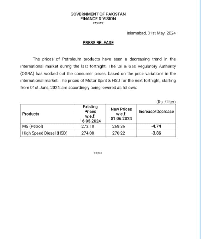 وزارت خزانہ کے نوٹیفکیشن کے مطابق پیٹرول کی قیمت میں 4.74 روپے کمی جبکہ ڈیزل کی قیمت میں 3.86 روپے کمی کی گئی ۔
@Financegovpk
#Petrol #DoveNews