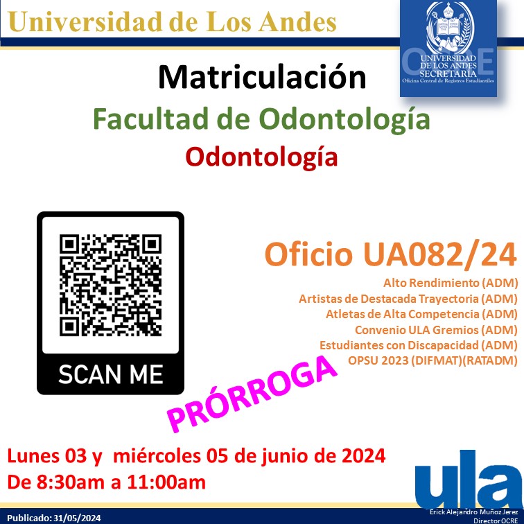 Se informa sobre la Prórroga de la Matriculación de la lista de admitidos del Oficio UA082/24 la misma se realizará: Lunes 03 y miércoles 05 de junio de 2024, de 8:30am a 11:00am. 
Debe ir a la página de OCRE y leer cuidadosamente la Guía para el Procedimiento de Matriculación.