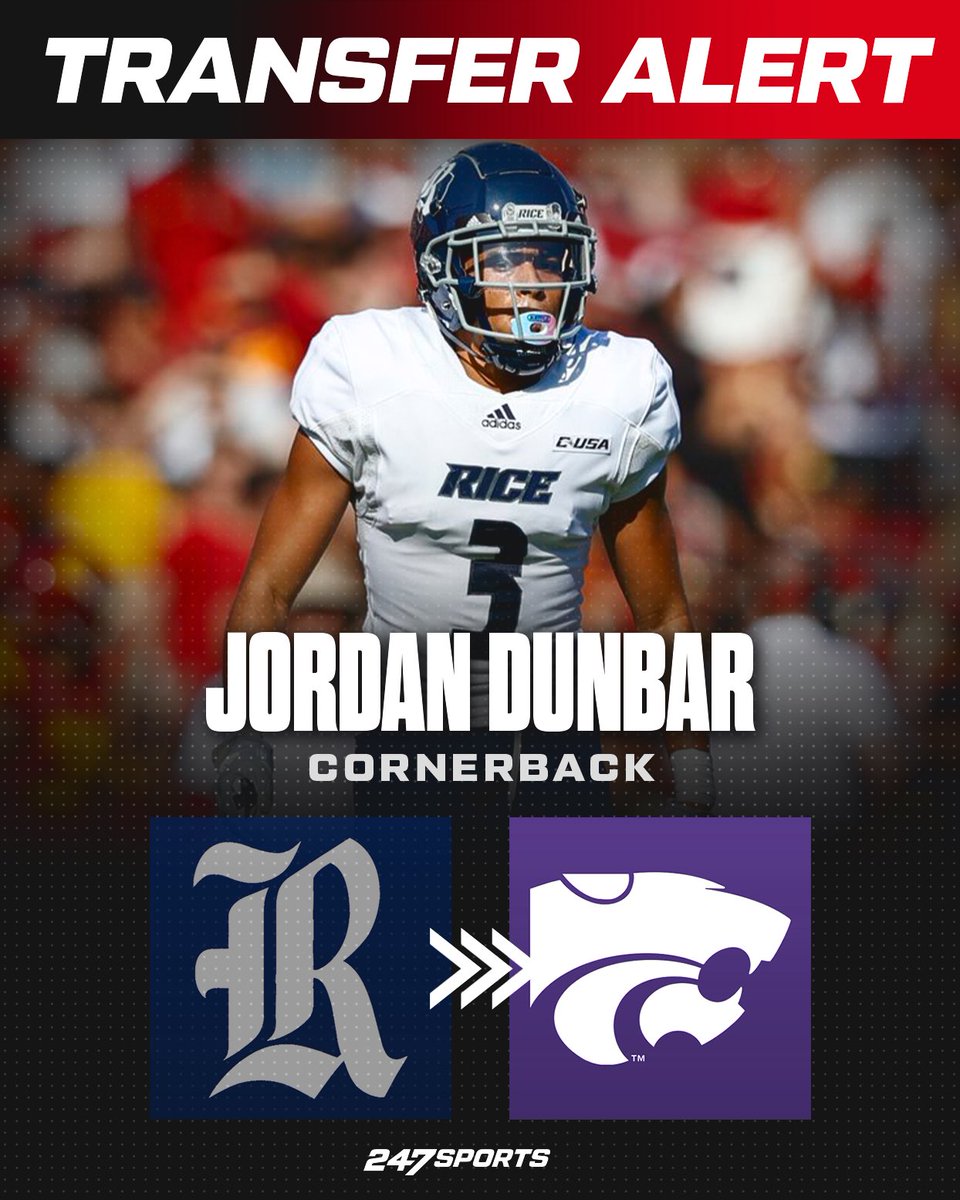 Ex-Rice all-conference cornerback Jordan Dunbar is committing to Kansas State, a source tells <a href="/247Sports/">247Sports</a>.

Redshirted last year but was an all-conference selection at Rice in 2022 and was a Conference USA All-Freshman Team selection in 2021. 

247sports.com/article/kansas…