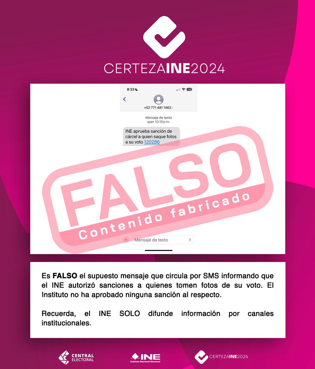 CertezaINE's tweet photo. 🚨#FALSO | Sobre un supuesto mensaje SMS informando que el INE autorizó sanciones a quienes tomen fotos de su voto, el #INEInforma que no ha aprobado ninguna sanción al respecto. #CertezaINE2024

Más info: https://t.co/KFzs8DJLUc https://t.co/YBkUOVAFxZ