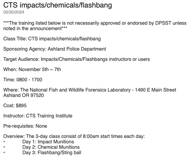 marcporis's tweet photo. Ashland Police Department is hosting CTS Training Institute for a "CTS impacts/chemicals/flashbang" course at The National Fish and Wildlife Forensics Laboratory (@USFWS) in November. https://t.co/HaN68dDIRL