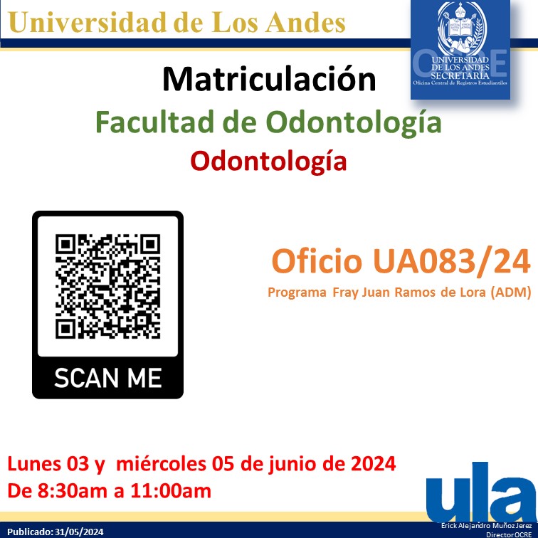 Se informa sobre  la Matriculación de la lista de admitidos del Oficio UA083/24 la misma se realizará: Lunes 03 y miércoles 05 de junio de 2024, de 8:30am a 11:00am. 
Debe ir a la página de OCRE y leer cuidadosamente la Guía para el Procedimiento de Matriculación.