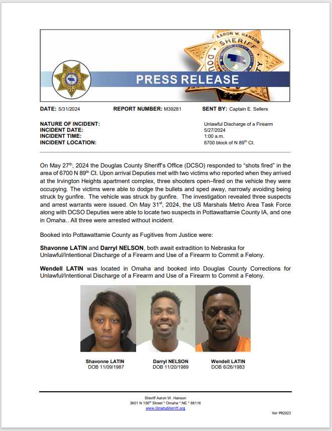 Today the US Marshals Metro Area Task Force, along with DCSO Deputies arrested the three suspects involved in the shooting at Irvington Heights Apartment complex.