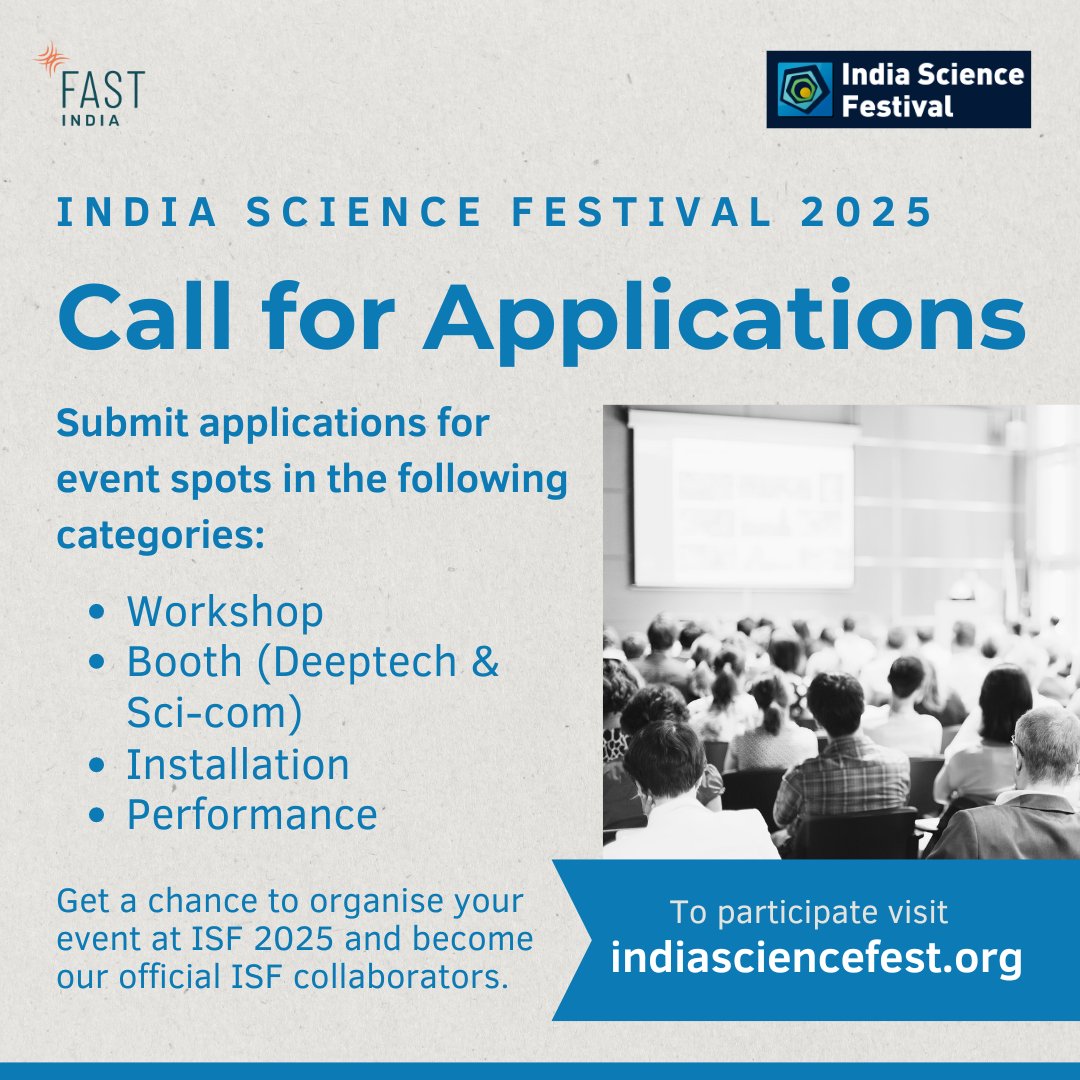 We invite applications for event spots at #ISF2025. Submit your innovative and engaging S&amp;T event proposals and organise it at ISF. Get recognised as the official ISF collaborators, and get a chance to connect with the S&amp;T leaders from across the world. indiasciencefest.org/call-for-appli…