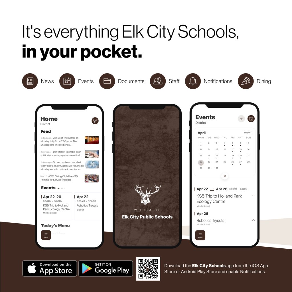 Don’t miss out on the latest happenings at Elk City Schools! Download the  school app today!
Download for Android bit.ly/3Bb2LXa
Download for iPhone apple.co/44LEpB9