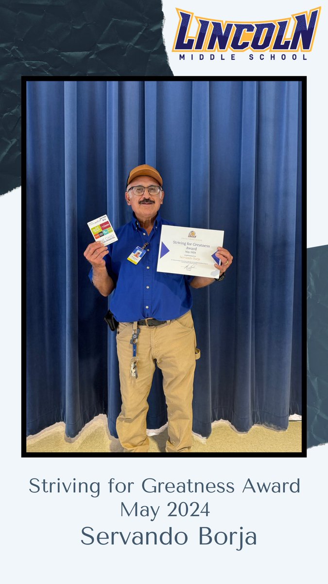 Congratulations to our May Striving for Greatness Award winner, Mr. Borja. Mr. Borja is one of our custodians who keeps our school clean and in an  orderly condition. #StrivingForGreatness
