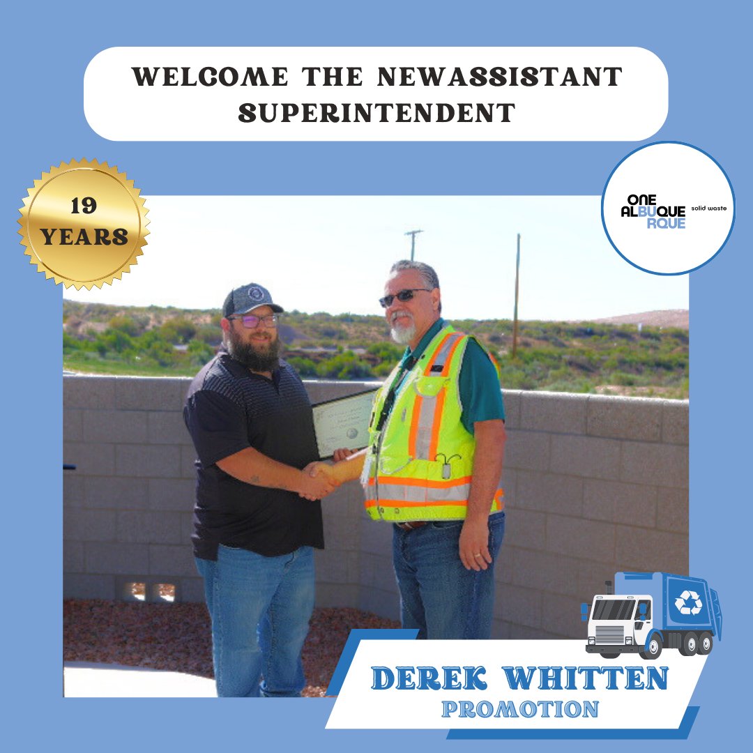 🎉 Big congrats to Derek Whitten on his well-deserved promotion to Assistant Superintendent! 19 years of dedication to Solid Waste Department pays off! 👏👍 . . . #OneAlbuquerque #SolidWasteDepartment #KeepABQBeautiful #Promotion