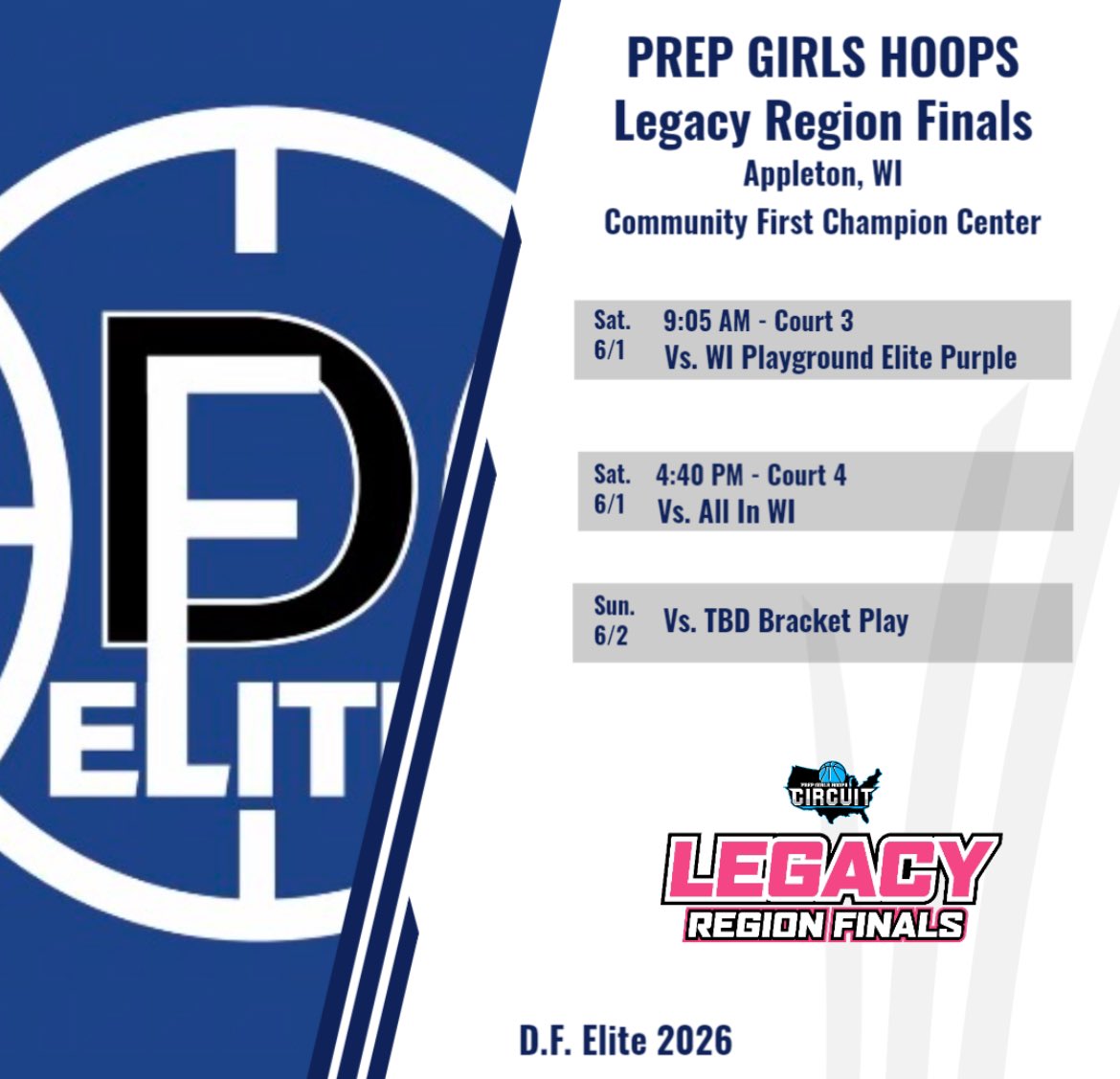D.F. Elitewbb (@dfelitewbb) on Twitter photo This weekend we will be playing in the <a href="/PGHCircuit/">Prep Girls Hoops Circuit ๐</a> Legacy Region Finals in Appleton, WI. This weekend we will be playing in the <a href="/PGHCircuit/">Prep Girls Hoops Circuit ๐</a> Legacy Region Finals in Appleton, WI.